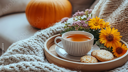 Cup of hot tea served with candles, pumpkins and paper flowers, knitted fabric background.