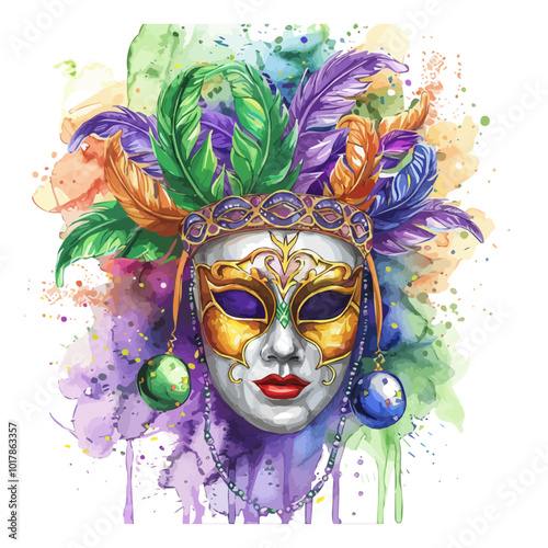 A beautiful watercolor Mardi Gras carnival symbols are isolated on a white background, and a fantasy mask lies, as well as a colorful Flat Mardi Gras mask.
