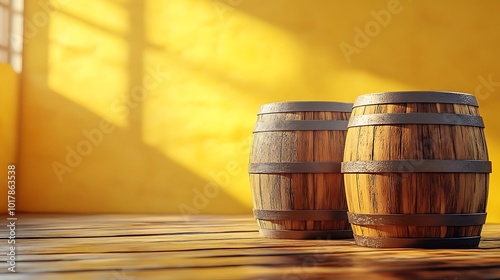 Two wooden barrels in front of a yellow wall, illuminated by sunlight.