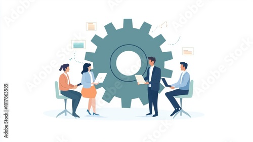 Diverse businesspeople brainstorming around a giant gear, collaboration concept, vector illustration, soft color palette, isolated on white background., minimalist,