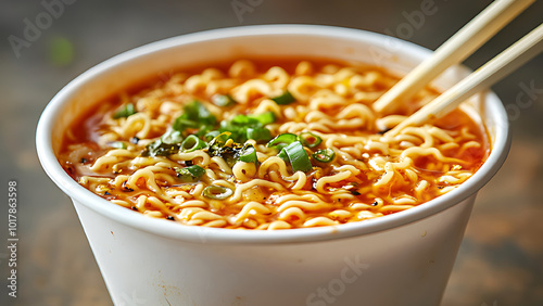 Delicious instant noodles with spicy sauce, in a bowl.