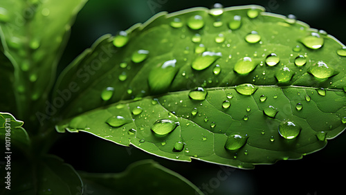 Detailed illustration of a bright green leaf, intricately textured and with dew drops on its surface. Blurred natural background that brings out the details.