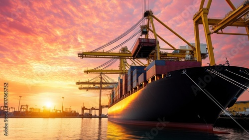 A stunning sunset reflects on a cargo ship docked at a port, highlighting the vibrant colors and industrial ambiance of shipping.