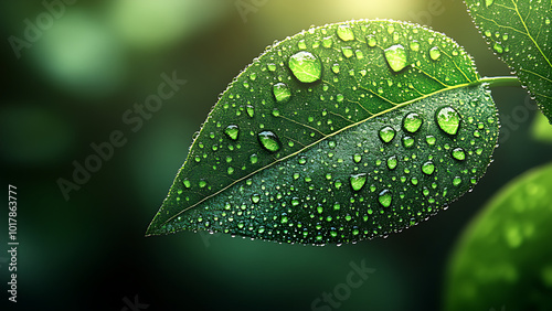Detailed illustration of a bright green leaf, intricately textured and with dew drops on its surface. Blurred natural background that brings out the details.
