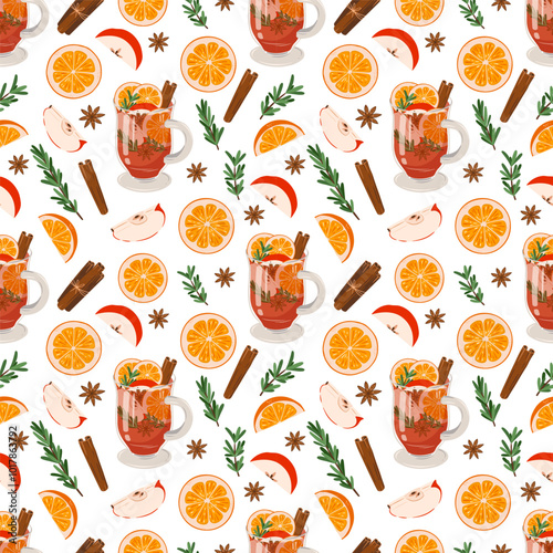 Vector seamless pattern of Autumn drinks Mulled wine, spices, herbs, apples, and oranges isolated on white background. 