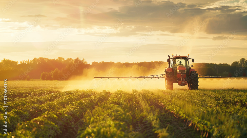 Naklejka premium A tractor spraying water or chemicals on a vegetable field