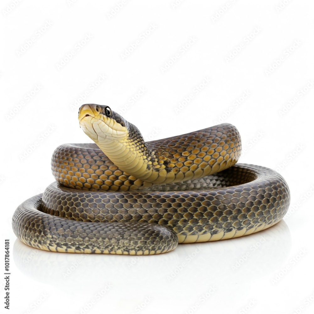 Obraz premium A coiled snake, white background.