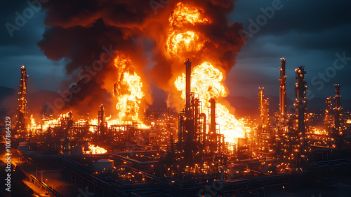 Explosions at industrial oil refinery factory buildings produced large fires and black smoke, causing air pollution and environmental damage.