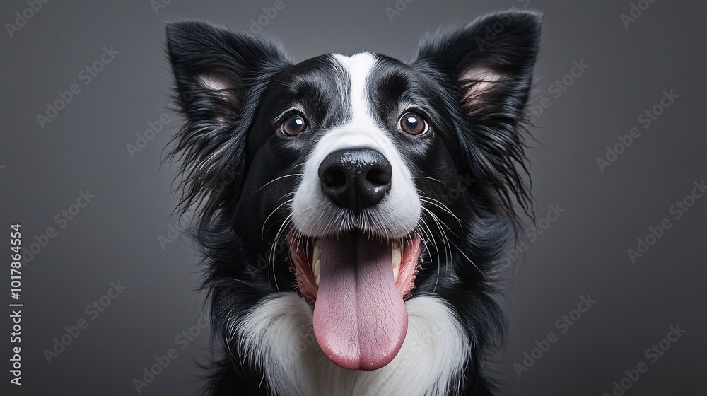 Fototapeta premium Border Collie smiling with tongue out, against a grey background