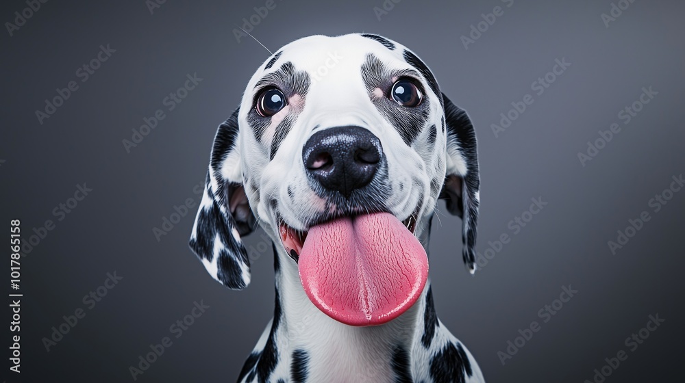 Close-up of Dalmatian dog with tongue out, smiling against a grey background Close-up of Dalmatian dog with tongue out, smiling against a grey background