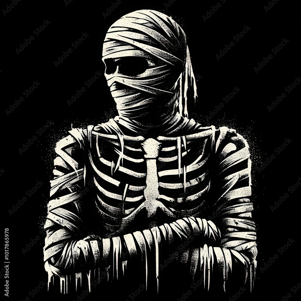 A skeletal figure wrapped in bandages stands confidently, exuding an eerie yet striking visual presence against a dark background. A skeletal figure wrapped in bandages stands confidently, exuding an eerie yet striking visual presence against a dark background.
