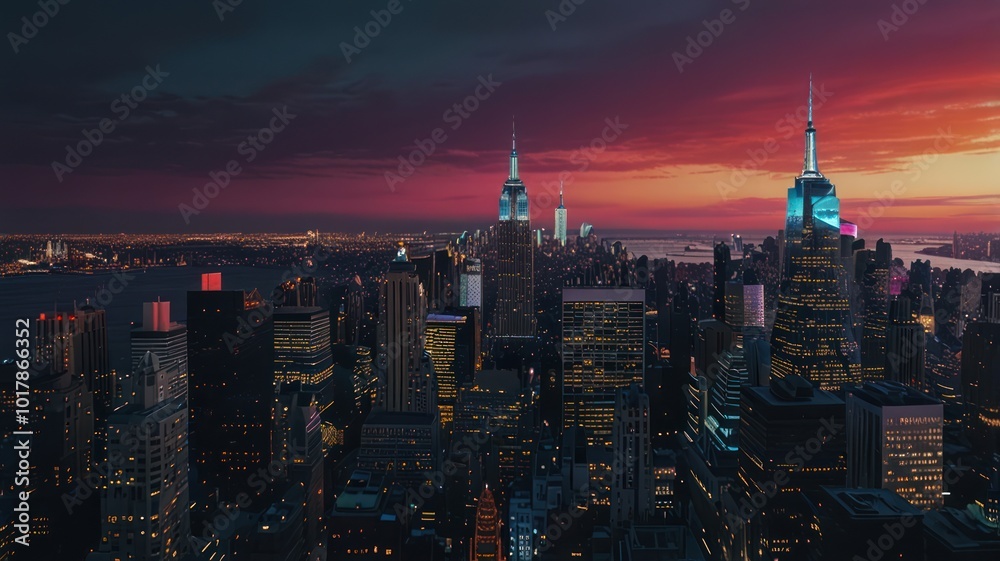 Fototapeta premium An aerial view of a city skyline at sunset with the city lights illuminating the buildings and the sky glowing with a warm orange and pink hue.