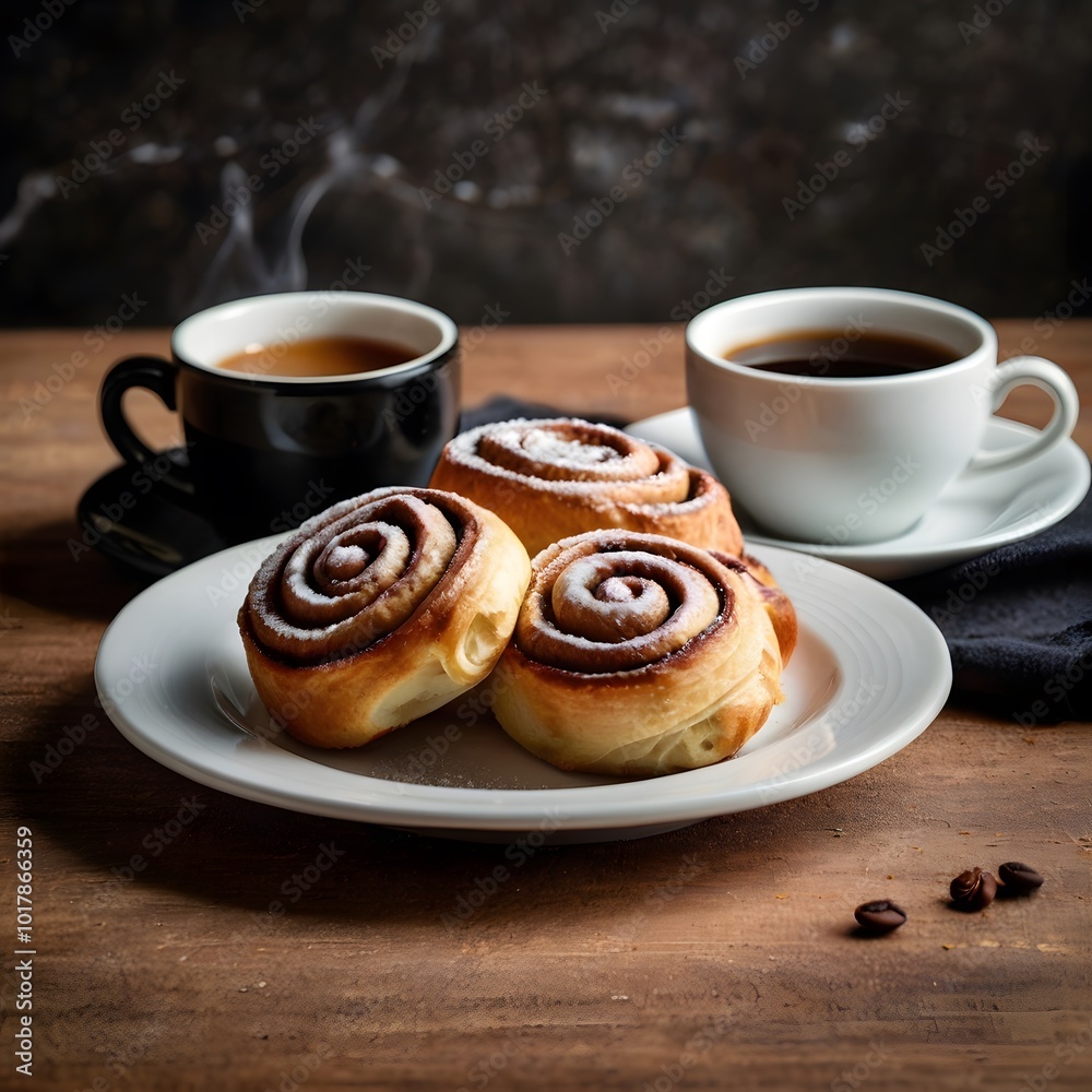 composition of cinnamon rolls dusted with sugar next to a cup of black coffee, a perfect breakfast, Generated AI vector design composition of cinnamon rolls dusted with sugar next to a cup of black coffee, a perfect breakfast, Generated AI vector design