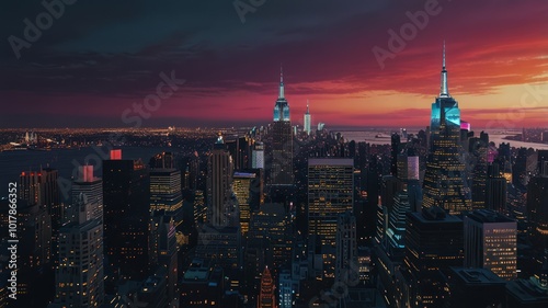 An aerial view of a city skyline at sunset with the city lights illuminating the buildings and the sky glowing with a warm orange and pink hue.