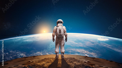 宇宙空間の惑星を見つめる宇宙飛行士の後ろ姿