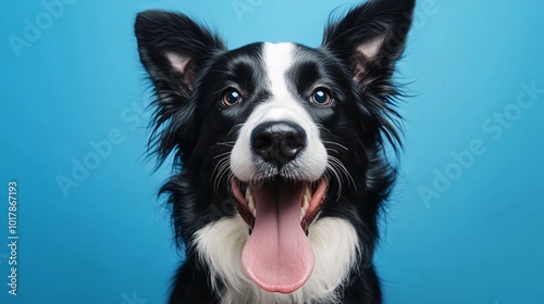 Smiling Border Collie with tongue out, on a bright blue background