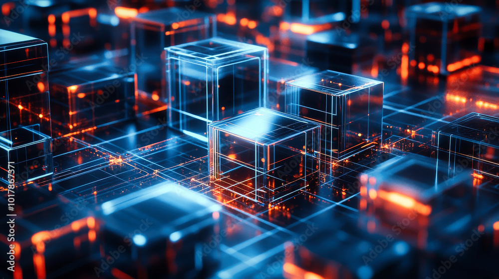 Interconnected transparent cubes in an abstract technology composition Interconnected transparent cubes in an abstract technology composition
