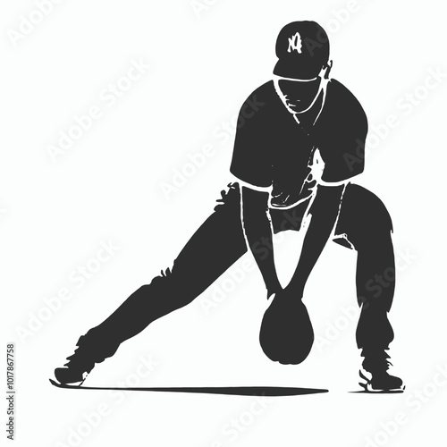 A baseball player in a batting stance, wearing a uniform and cap, with a silhouetted figure against a plain white background
