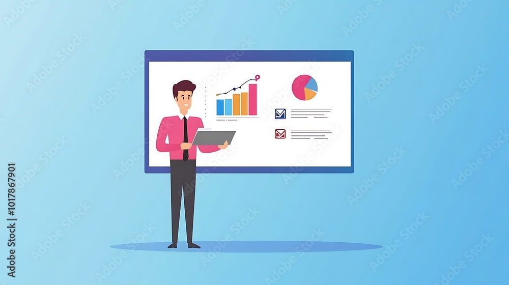 Businessman Presenting Data on a Whiteboard with Graphs and Charts Businessman Presenting Data on a Whiteboard with Graphs and Charts