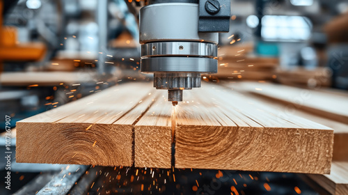 Close-up of an industrial CNC machine cutting wooden planks, with sparks flying, in a woodworking factory. The process of precision cutting is in focus.