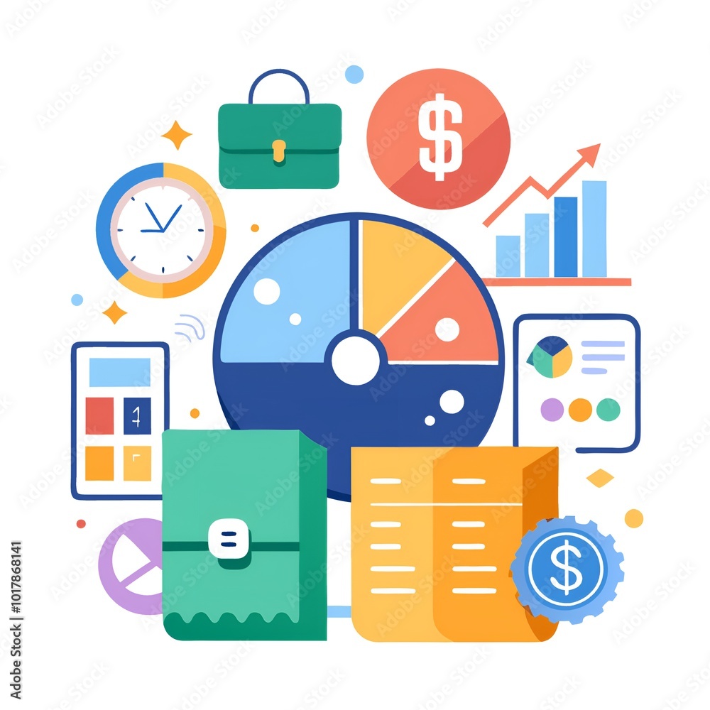 A colorful graphic with a clock, a briefcase, and a stack of bills A colorful graphic with a clock, a briefcase, and a stack of bills