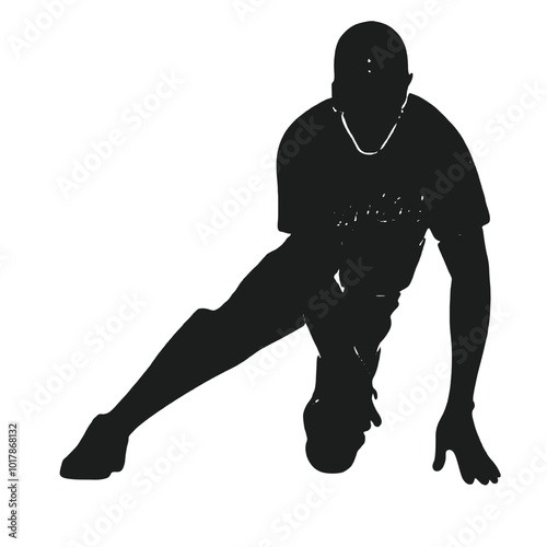 A baseball player in a batting stance, wearing a uniform and cap, with a silhouetted figure against a plain white background