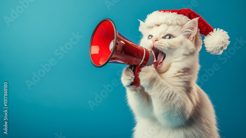 A festive white cat wearing a Santa hat enthusiastically uses a red megaphone to spread holiday cheer indoors photo