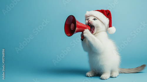 A festive white cat wearing a Santa hat enthusiastically uses a red megaphone to spread holiday cheer indoors photo