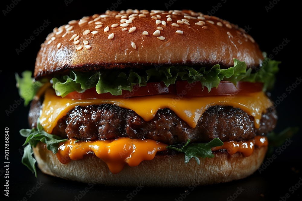 Hamburger with cheese and ketchup on it. The bun is brown and has sesame seeds on it. Half cut beef burger sandwich filled with beef cutlet and cheese on a black background Hamburger with cheese and ketchup on it. The bun is brown and has sesame seeds on it. Half cut beef burger sandwich filled with beef cutlet and cheese on a black background