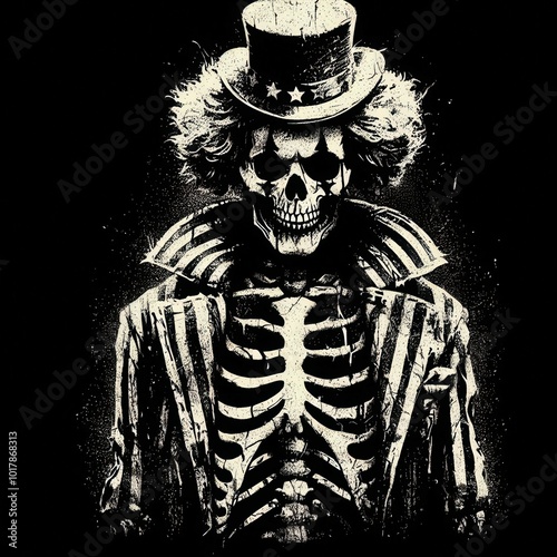 A skeletal figure in a striped suit and top hat, exuding a spooky, carnival-like vibe with a dark background.