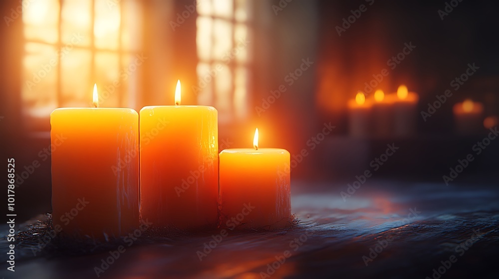 Three burning candles on wooden table, with window light and warm glow. Three burning candles on wooden table, with window light and warm glow.