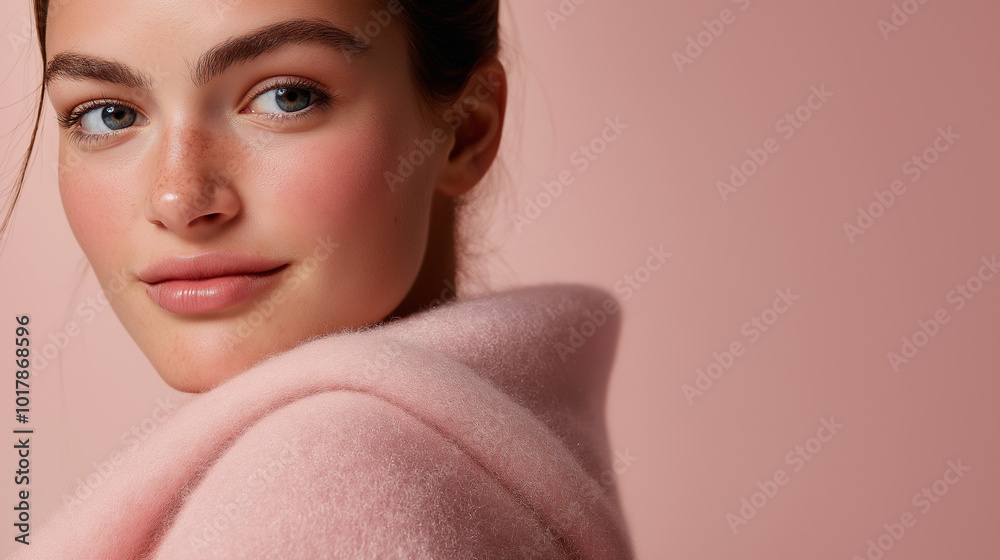 Young Woman in a Pink Sweater Poses Against a Soft Pink Background While Smiling Gently Young Woman in a Pink Sweater Poses Against a Soft Pink Background While Smiling Gently