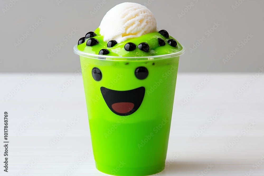 Green cup with a smiling face on it. The cup is filled with a green liquid and has a white ice cream on top. honey and matcha boba tea, less tapioca pearls in the drink, topped with vanilla ice cream Green cup with a smiling face on it. The cup is filled with a green liquid and has a white ice cream on top. honey and matcha boba tea, less tapioca pearls in the drink, topped with vanilla ice cream