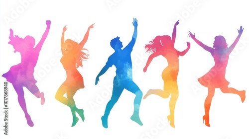 Silhouettes of Diverse People Dancing in Vibrant Watercolor Hues, AI