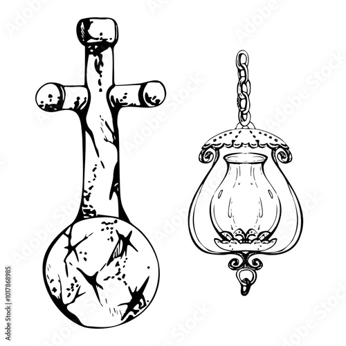 Ancient vintage lantern, iron cast ornate street light gas lamp with chain, stone church cross. Hand drawn ink vector illustration. Single element isolated on white. Design travel, vacation, brochure