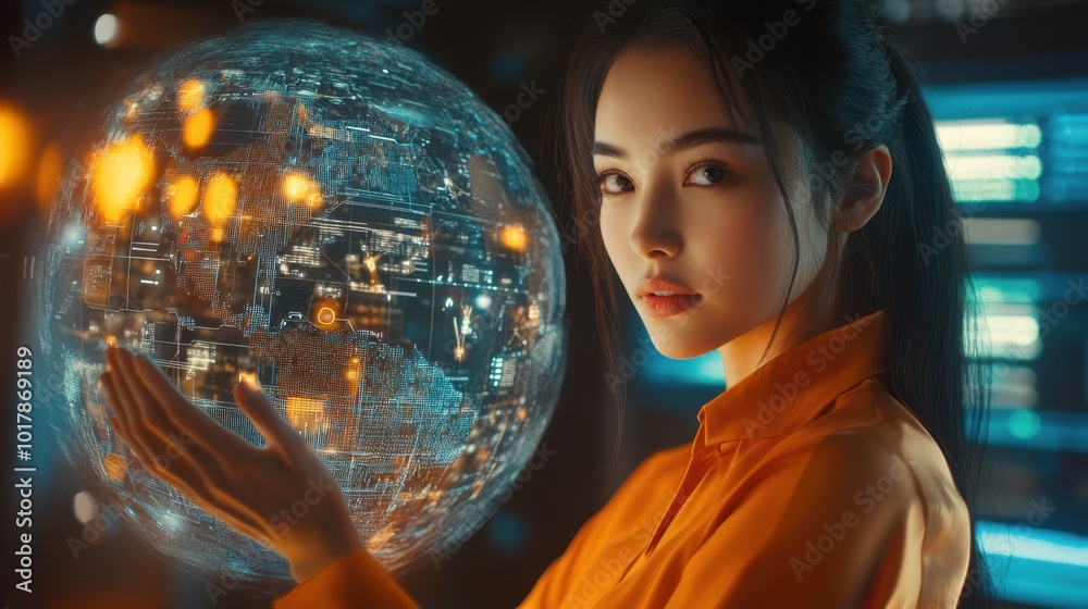 Naklejka premium The Woman with Holographic Globe