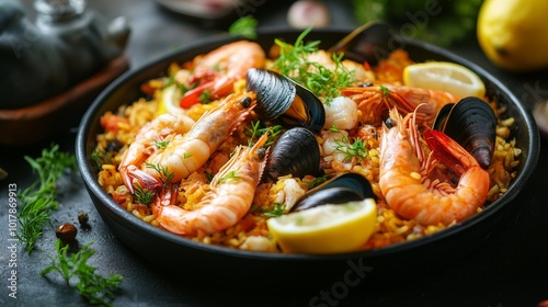 A delectable seafood paella is generously topped with shrimp, mussels, and various herbs, served in a traditional pan, offering a rich Mediterranean culinary experience. photo