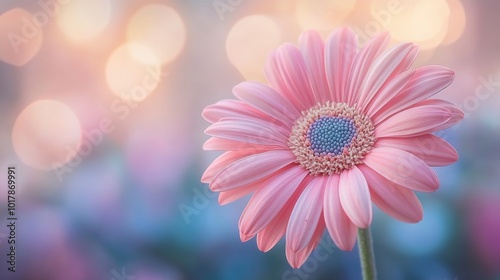 A stunning closeup of a pink daisy against a softly blurred bokeh background, illuminating the delicate textures and colors of this serene floral composition.