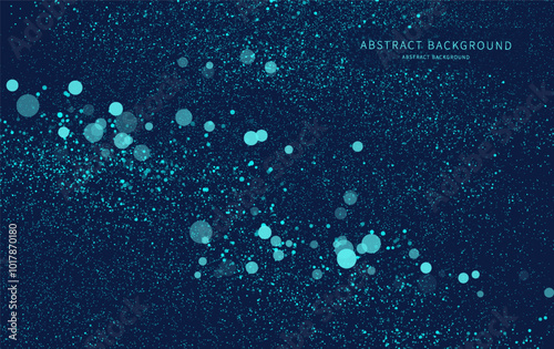 Abstract background chaotic particles flying on blue. Particles flow design. Vector Illustration.
