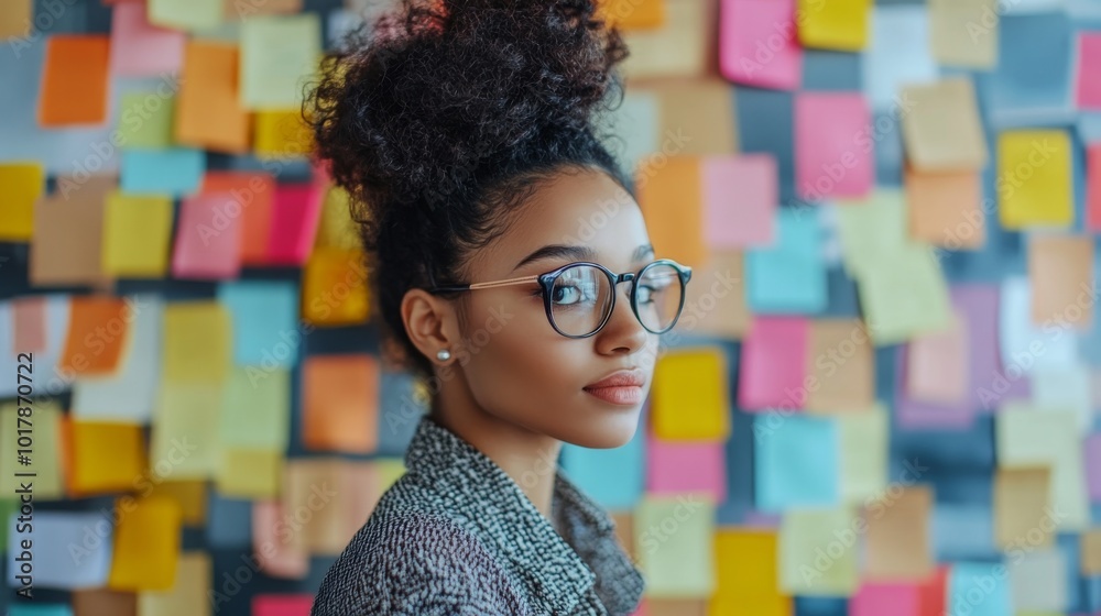 A person wearing glasses stands in an office environment, framed by a wall filled with colorful sticky notes, symbolizing creativity and organization at work. A person wearing glasses stands in an office environment, framed by a wall filled with colorful sticky notes, symbolizing creativity and organization at work.
