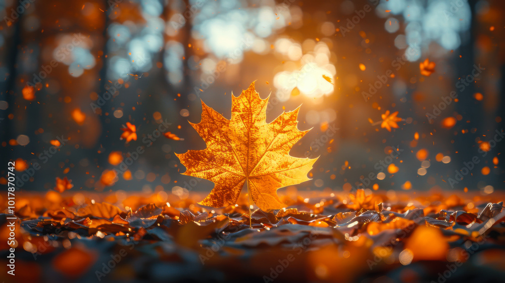 A single vibrant maple leaf illuminated by soft autumn light amidst fallen leaves in a forest setting during the golden hour A single vibrant maple leaf illuminated by soft autumn light amidst fallen leaves in a forest setting during the golden hour