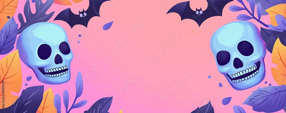 Soft pastel skulls and bats, banner frame, flat design illustration Soft pastel skulls and bats, banner frame, flat design illustration
