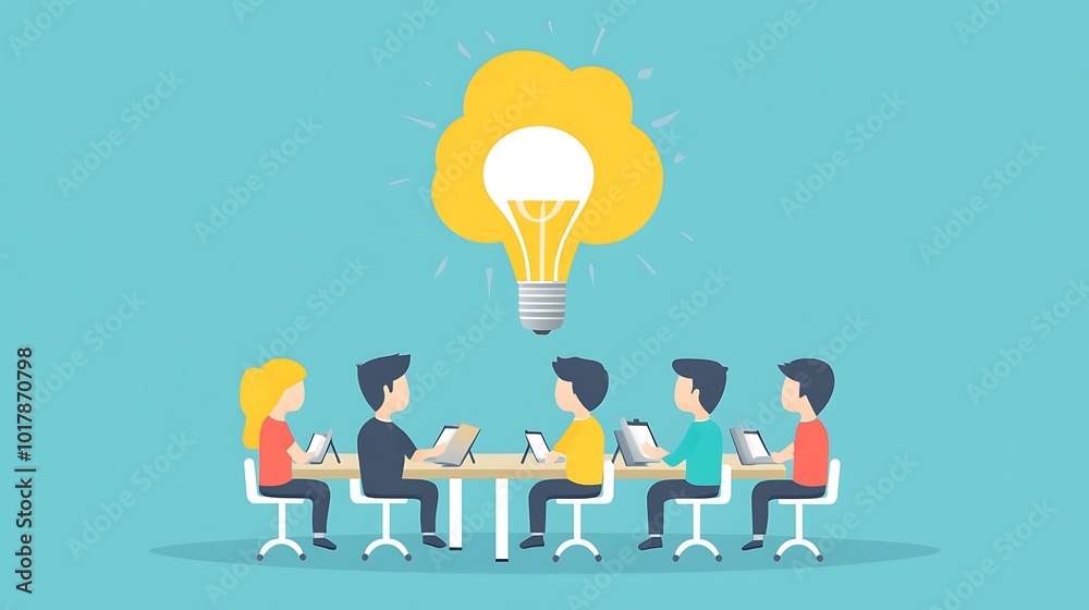 Team of People Working with a Lightbulb Idea Above Them Team of People Working with a Lightbulb Idea Above Them