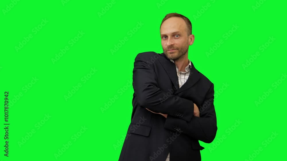 A confident businessman in a suit stands against a green screen, using dynamic hand gestures to emphasize his points during a presentation. This footage is ideal for corporate videos, training materia A confident businessman in a suit stands against a green screen, using dynamic hand gestures to emphasize his points during a presentation. This footage is ideal for corporate videos, training materia