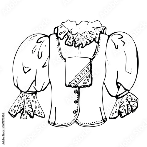 Traditional dress blouse vest of Tyrol Alps, South American female fashion, puff sleeves floral lace embroidery. Hand drawn ink vector isolated illustration for tailor atelier, clothes shop boutique
