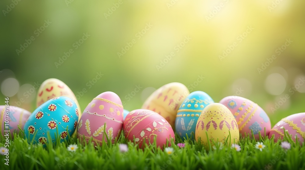Fototapeta premium decorated easter eggs in grass background