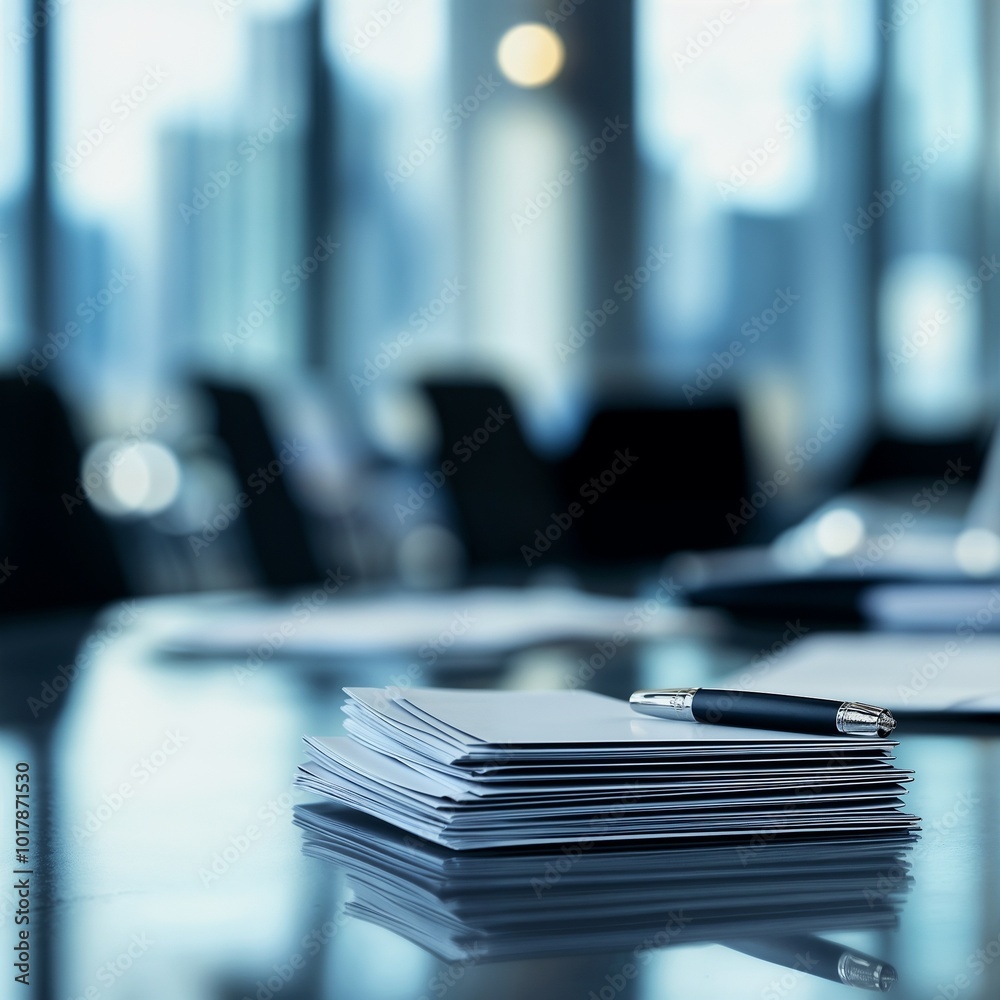 Stack of blank documents and pen on glass table with city view background