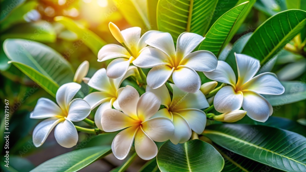 A captivating drone perspective captures white frangipani flowers blooming in spring, surrounded by a picturesque natural setting, highlighting the A captivating drone perspective captures white frangipani flowers blooming in spring, surrounded by a picturesque natural setting, highlighting the