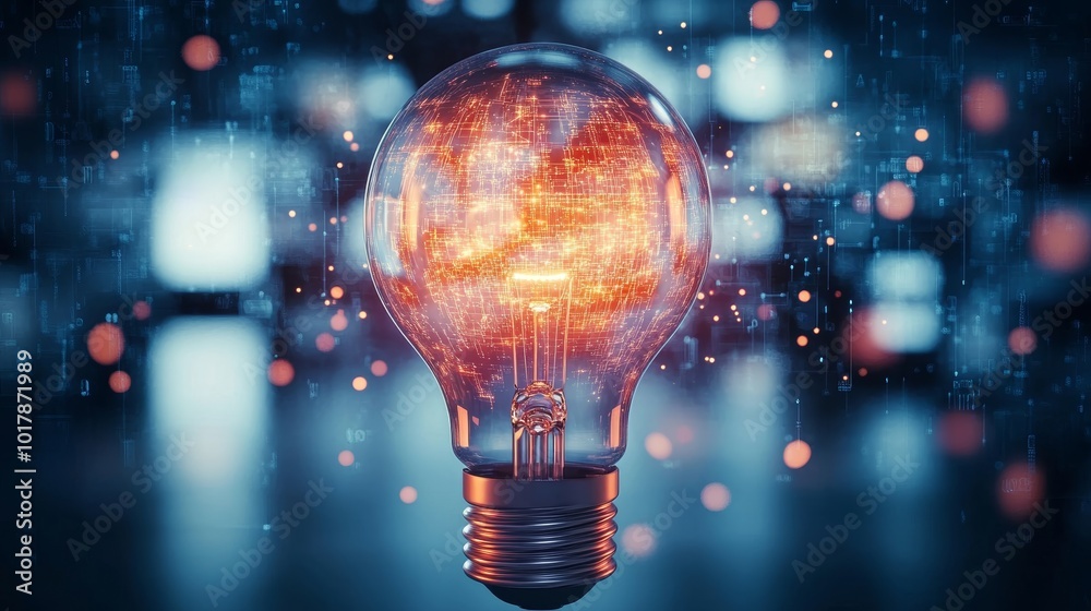 Illuminated Light Bulb With Digital Network Inside On Technology Background, Innovation Concept. Illuminated Light Bulb With Digital Network Inside On Technology Background, Innovation Concept.
