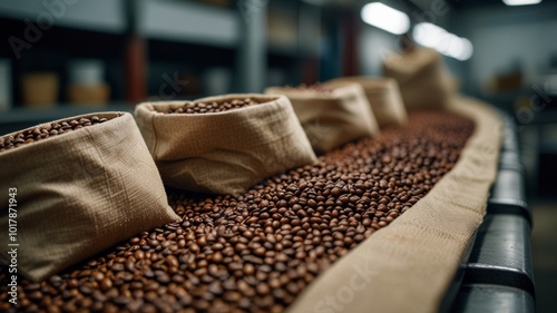 Roasted coffee beans on a conveyor system in a modern factory environment